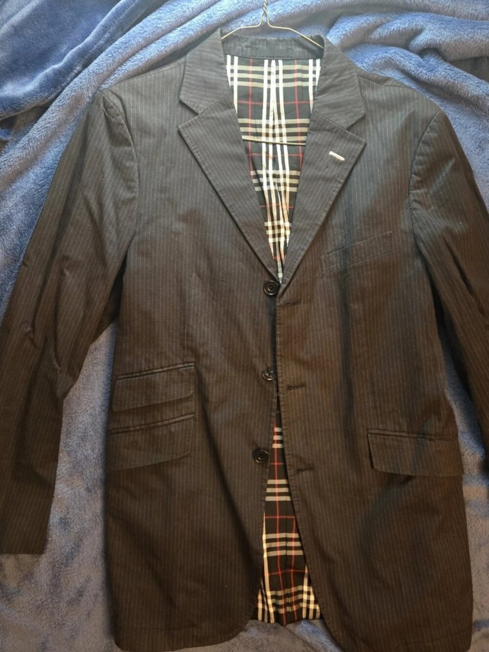 VTG Burberry Black Label Sport Coat Blazer 2B Pinstripe Plaid Lining 38L